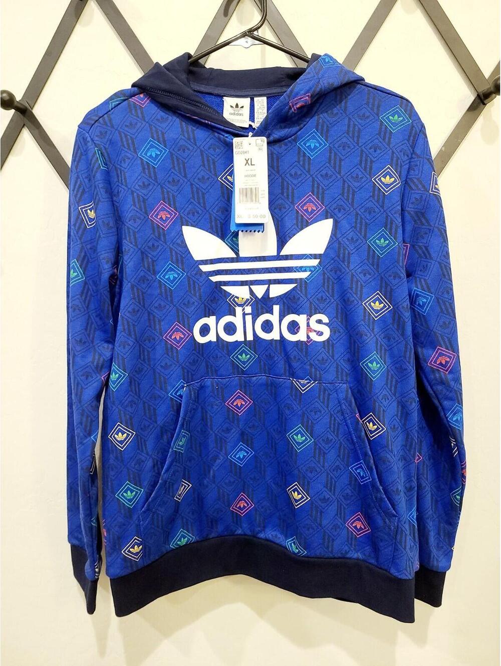 Adidas Boys Blue Pullover Hoodie XL Allover Trefoil Print Monogram Logo NWT